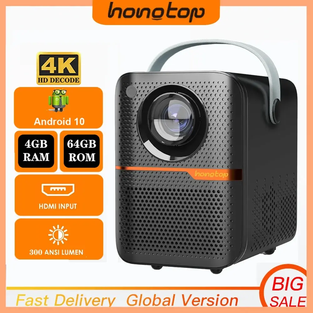 HONGTOP Android Inteligentny mini projektor 300ANSI Lumen Przenośny projektor 4K z WIFI Bluetooth 1080P Domowy kinowy Beamer