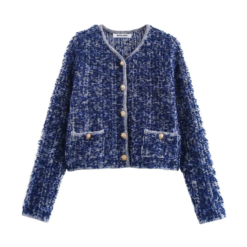 Cárdigan Corto de Punto con Cuello Redondo y Flocado Azul BANA, Ropa de Punto para Mujer, Informal, Cómodo, Hoado, Moda de ...