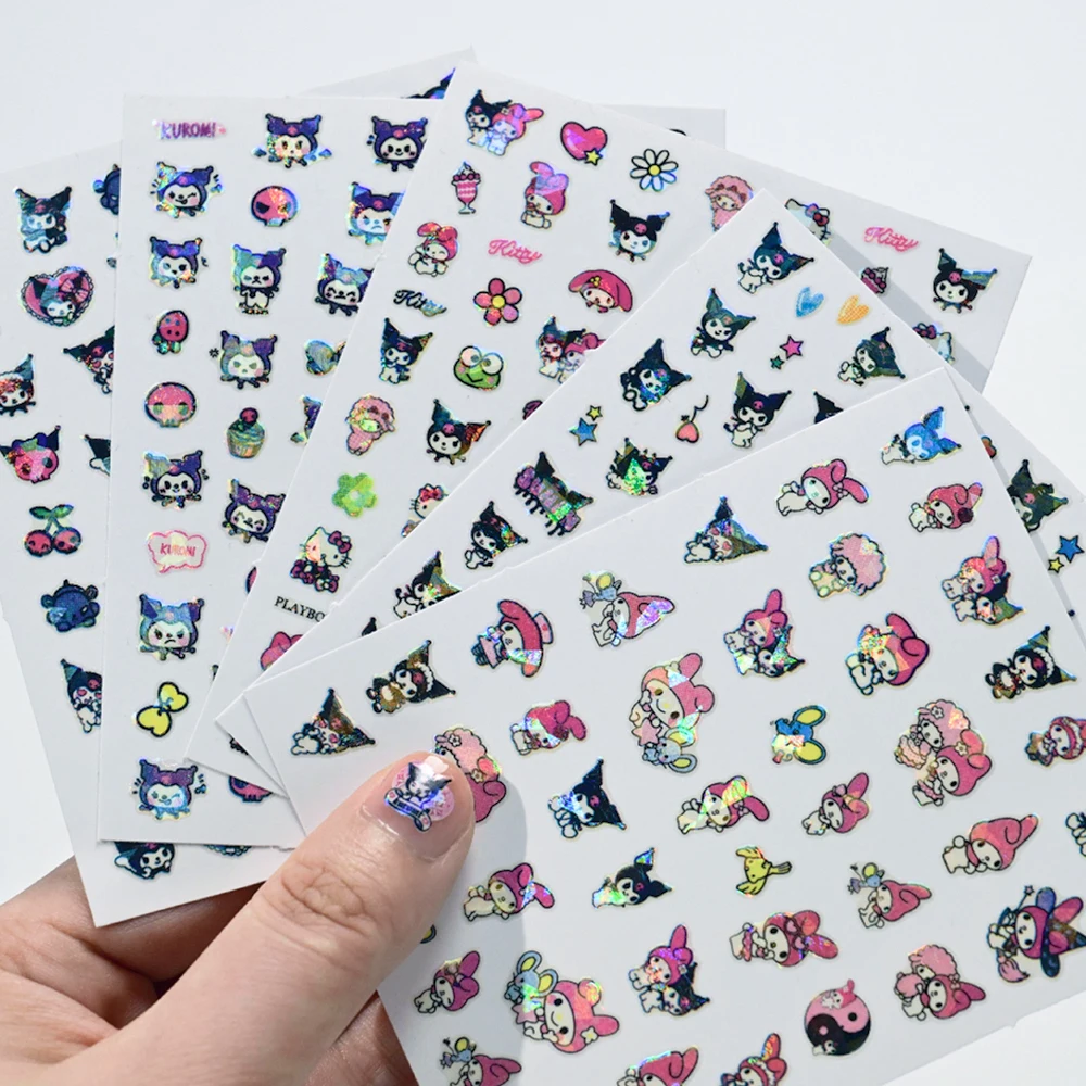 1Pcs-3D Holographicเลเซอร์Kuromi & Melody & Kittyสติกเกอร์เล็บการ์ตูนสีชมพู/สีม่วงKuromi,Kittyเล็บDecal DIYเล็บKuromi Slider