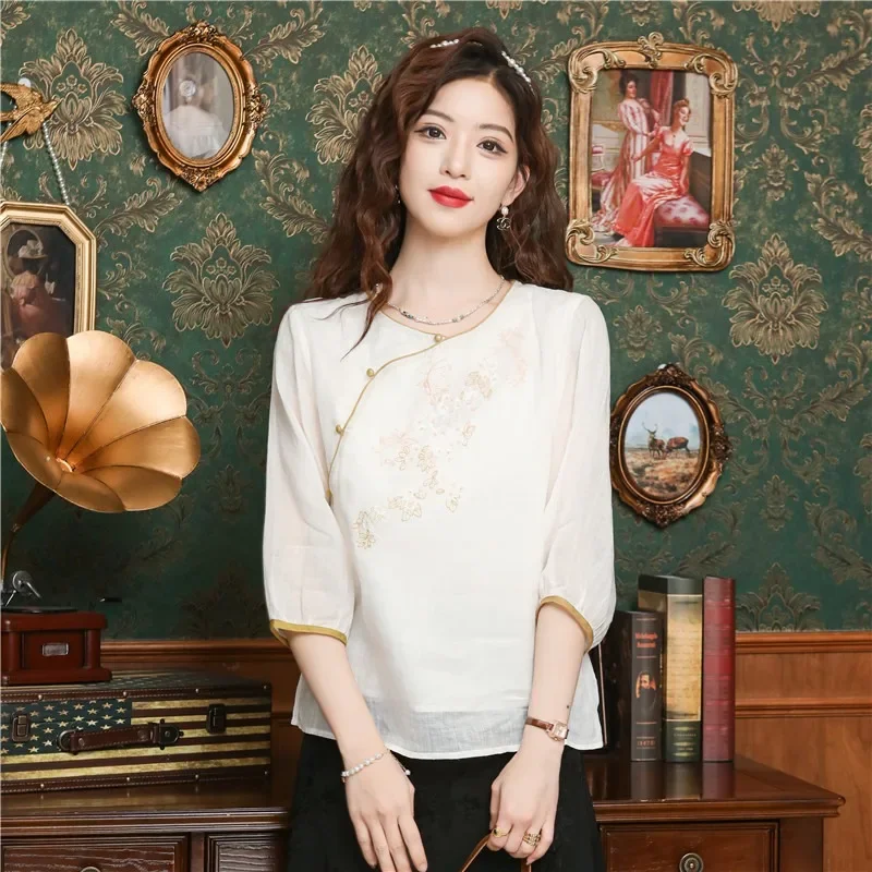 

Chiffon Chinese Style Women's Shirt Summer Embroidery Vintage Blouses Loose Short Sleeves Women Tops Fashion Clothing