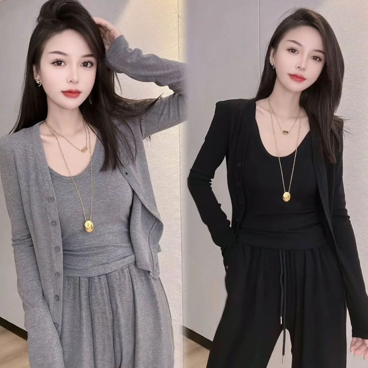 Fashionable Three-Piece Set Women's  Color Strap Vest Cardigan Coat Pants Early Spring 2026 Casual Sportswear Ensemble