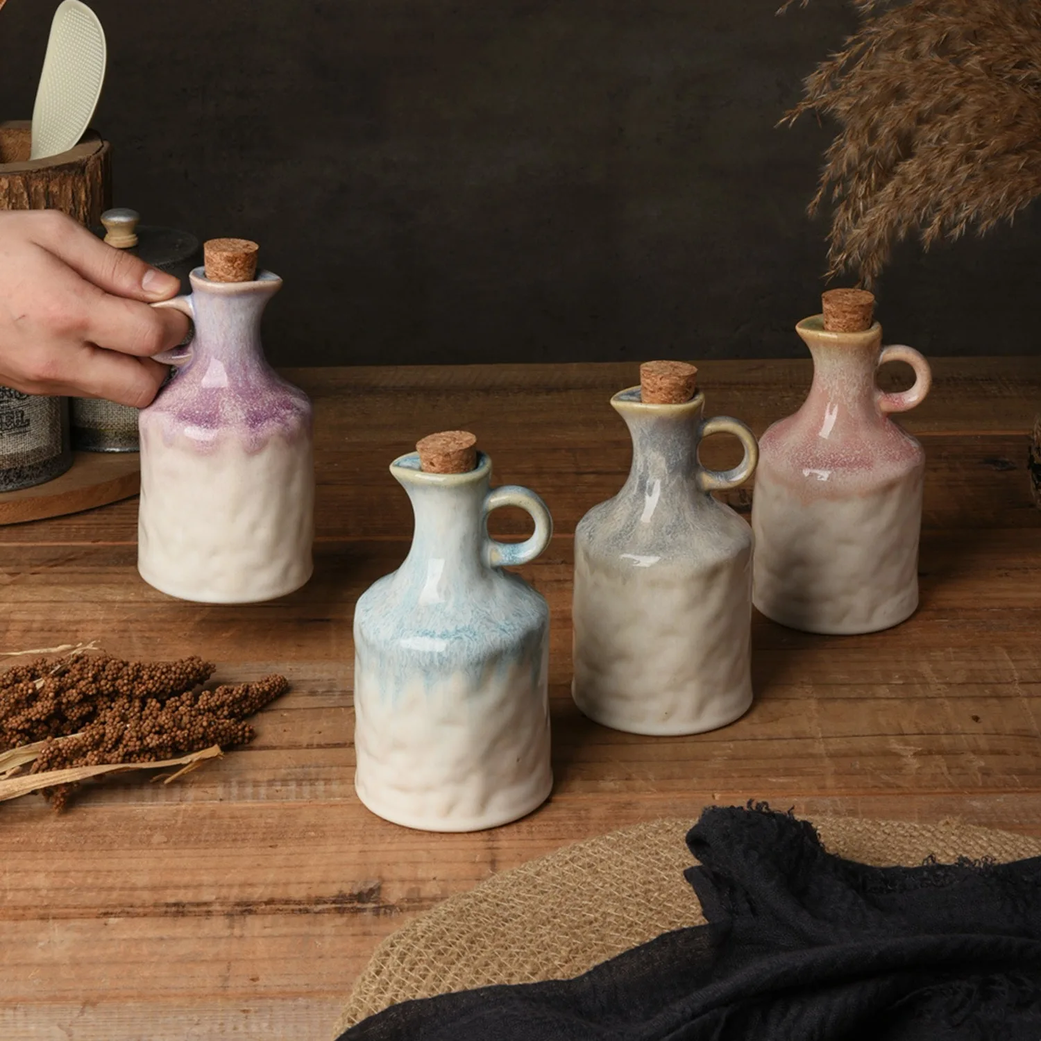 Botella de Cerámica de 350 ml para Aceite de Oliva con Tapón de Corcho, Accesorios de Decoración para Cocina, Regalos para el Hogar y Festivos, Utensilios para Sazonar