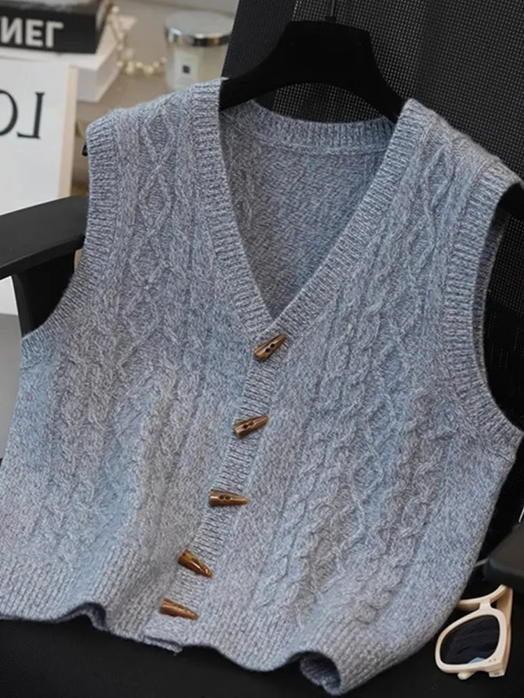 

Вязаный жилет V-Ne Svel, повседневный трикотаж на пуговицах, модный однотонный дизайн для отдыха, дизайн с рогами пуговиц...