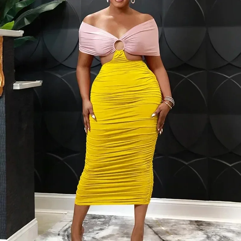 Women's Colorblock Off-Shoulder O-Ring Ruched Mid-Calf Bodycon Dress Sexy Design Casual Evening Dresses