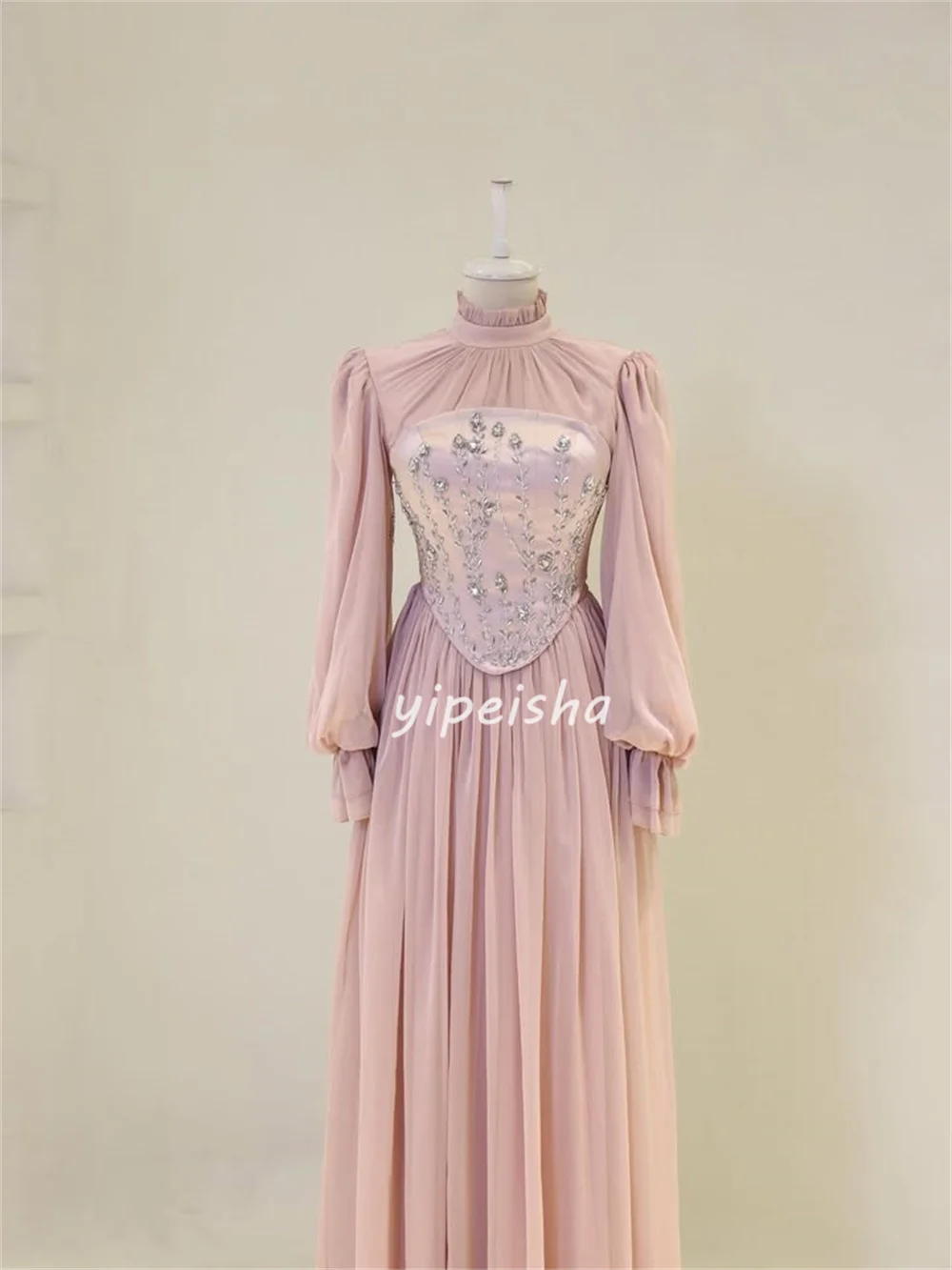 Customized High Quality Matching Chiffon Rhinestone Pleat Straight High Collar Long Dresses Bespoke Occasion Dresses Elegant