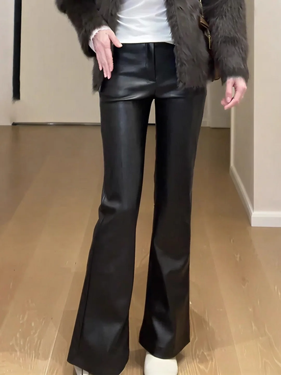 

Стильные черные кожаные брюки с высокой талией для женщин, облегающие, из натуральной кожи, однотонные, повседневные, для офиса