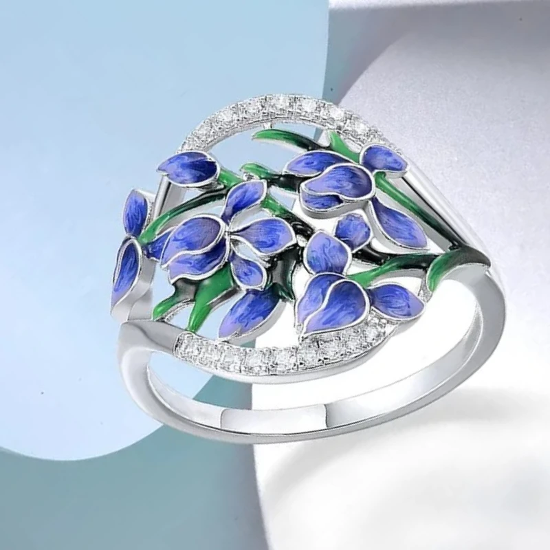Handmade Enamel Blue Flower Sparkling Temperament Ring for Ladies Attending Banquet Elegant High-end Jewelry and Accessories