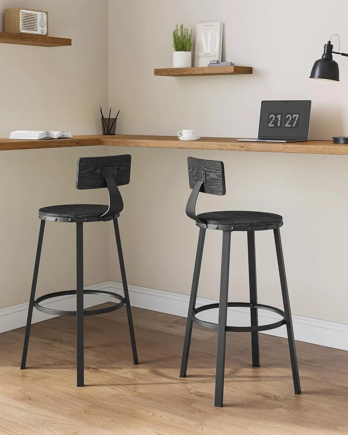 VASAGLE Bar Stools Set of 2, Bar Height Barstools with Back, Counter Stools Bar Chairs with Backrest, Steel Frame