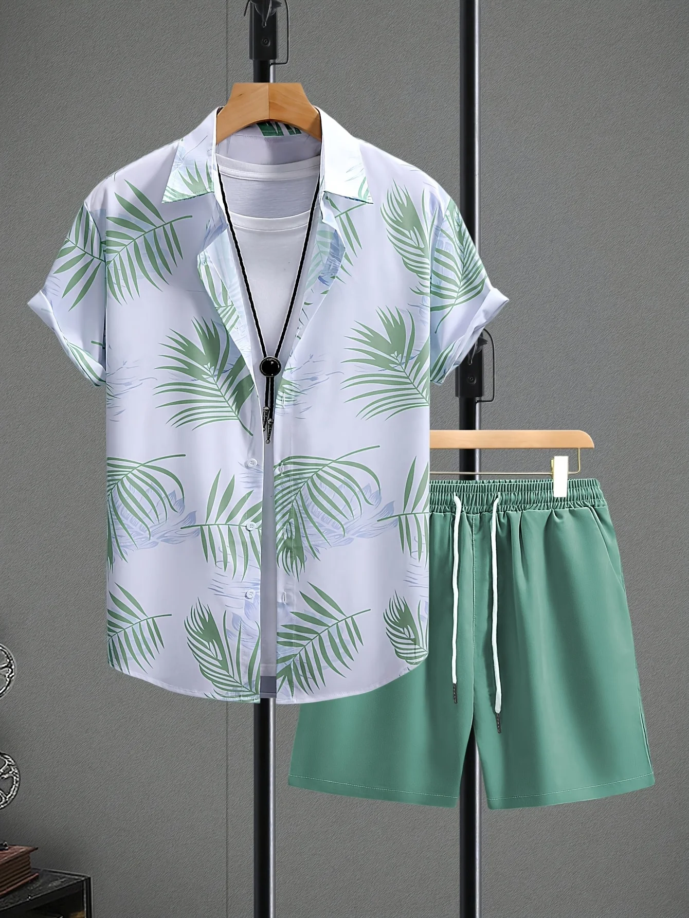 2pcs Summer Men's Tropical Beach Prints Shorts & Shirts Set Drawstring Waist Beachwear Attire Tropical Print Asian Size Fashion