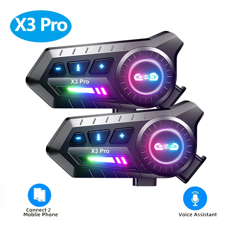 X3 Pro Motorcycle Helmet Bluetooth Headset BT6.0 2-Riders Intercom 1000M Noise Reduction IPX6 Waterproof Music Sharing 1000mAh