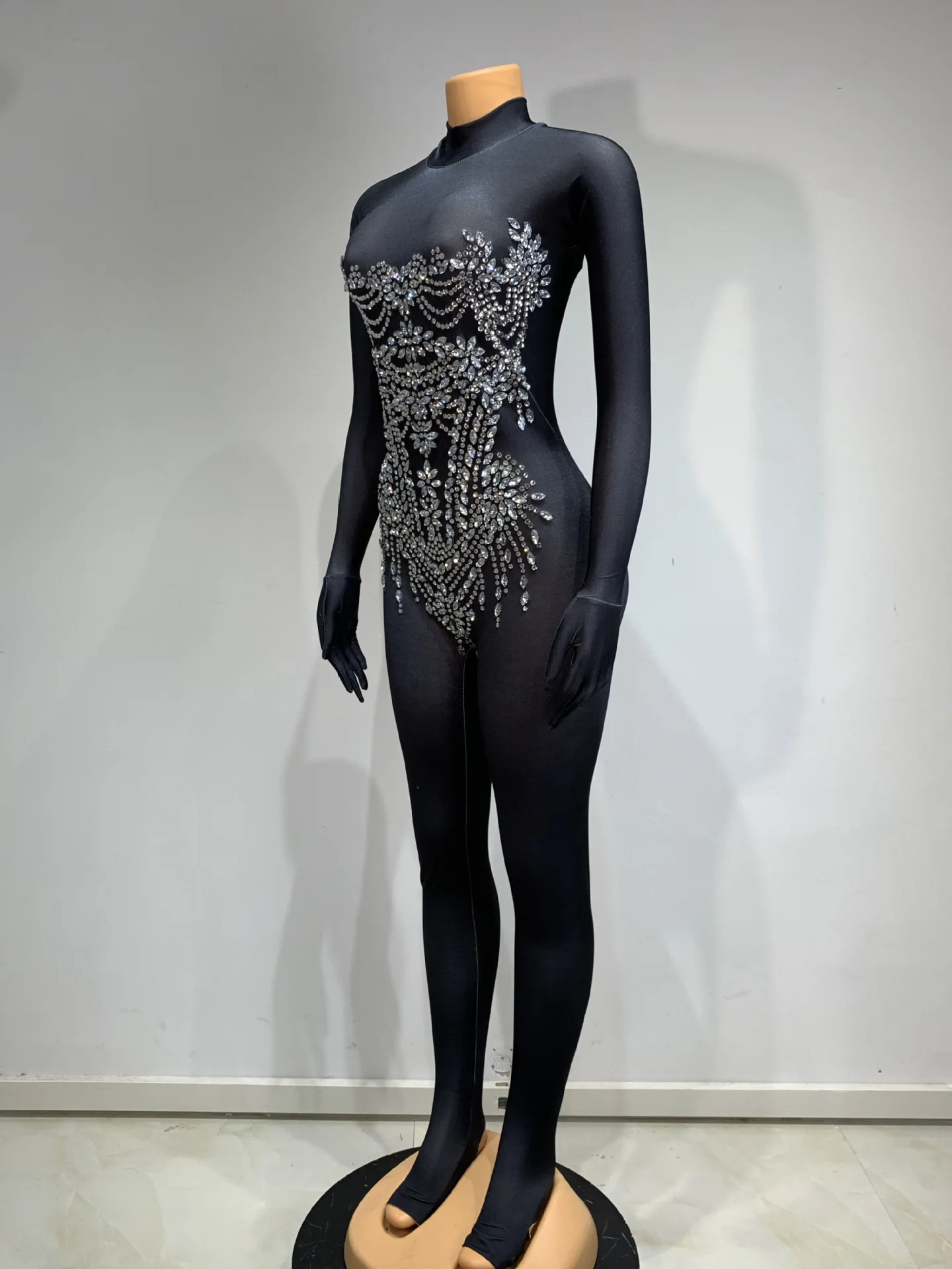 Mono negro para mujer, vestidos para ocasiones especiales, guantes, manga, cuentas de cristal, ceñido al cuerpo, vestido de noche para discoteca, disfraces de espectáculo de escenario