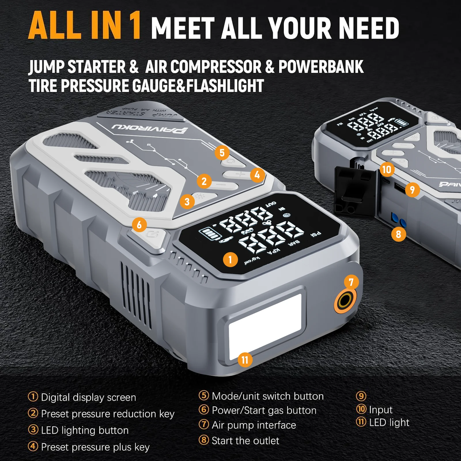 PAIVIROKU 5-in-1 Starthilfe mit Luftpumpe 5000APeak Starter 150PSI Digitaler Reifenfüller Auto-Batterie-Starthilfe Powerbank – Detail 7