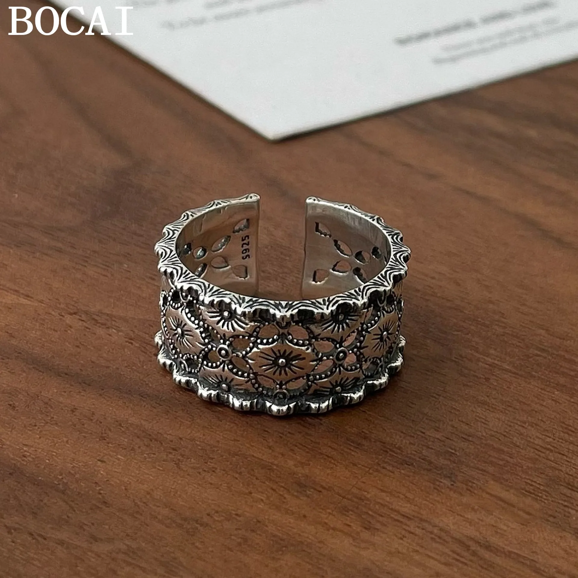 BOCAI New S925 Sterling Silver Retro Fashion Wide Version Pattern Hollow Out Open Ring Selected Women's Gift