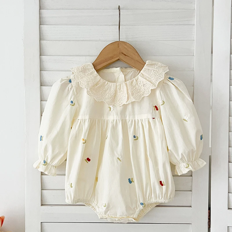 

0-24M Infant Baby Girls Jumpsuit Spring Newborn Baby Girls Bodysuits Embroidery Cotton Lace Stitching Jumpsuit Children Clothes