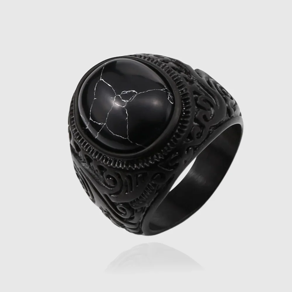 

Vintage Gothic Style Black Stone Ring Punk Stainless Steel Carved Ring Men And Women Fashion Biker Jewelry Gift Dropshipping