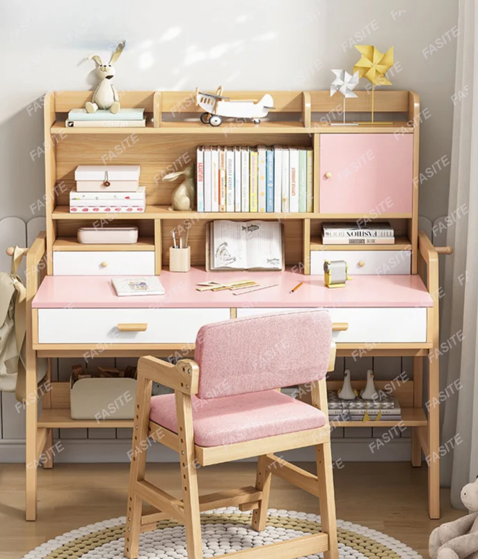 Escritorio de estudio, patas de madera maciza, escritorio, combinación de estantería, escritorio para tareas de dormitorio