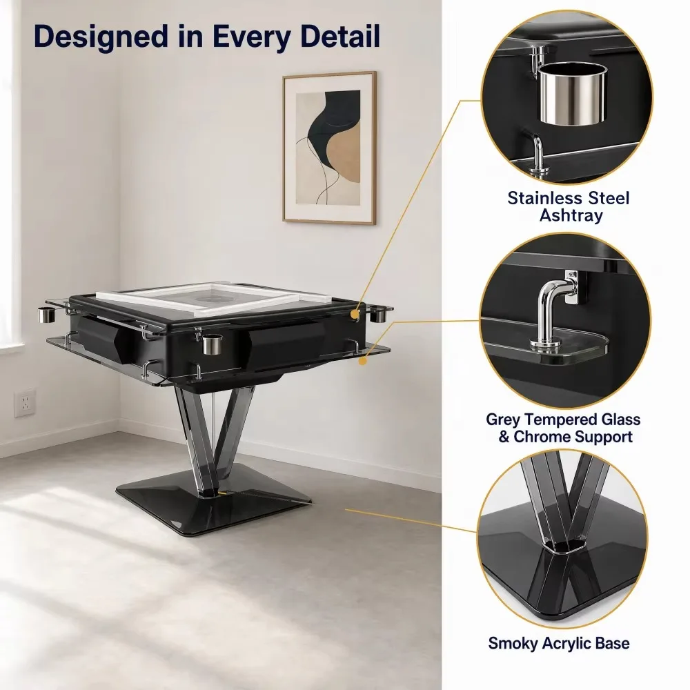 Matte Black Lacquer Wood Mahjong Table with Grey Glass Surface Automatic Tile Feeding for Indoor Game Room Furniture