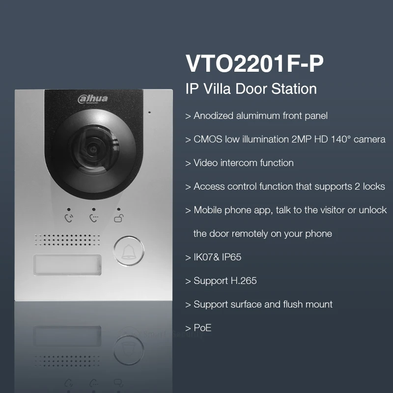 Dahua-Smart Home Digital Door Camera, Video Call Intercom, 1080P HD, VTO2201F-P, PoE Campainha, Controle de Acesso Residencial, APP Desbloqueio