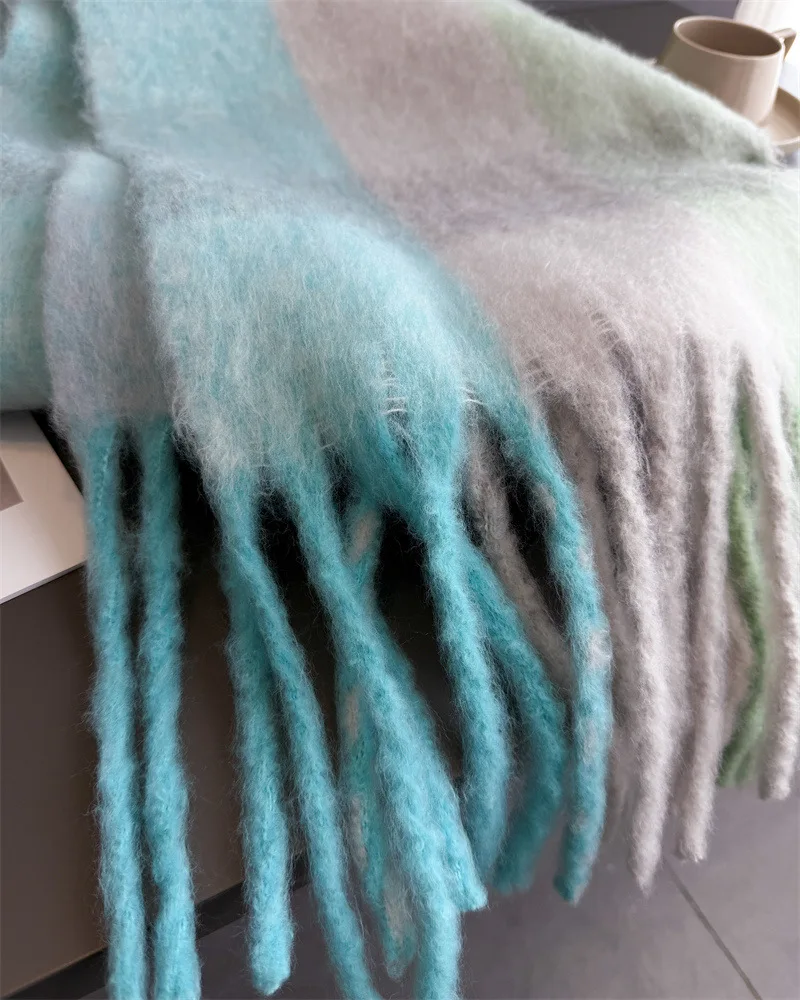 Warmer Dicker Winterschal für Damen, Mohair, Kariert, Weicher Quastenschal, Pashmina, Großer Halsdecken-Schal – Detail 23