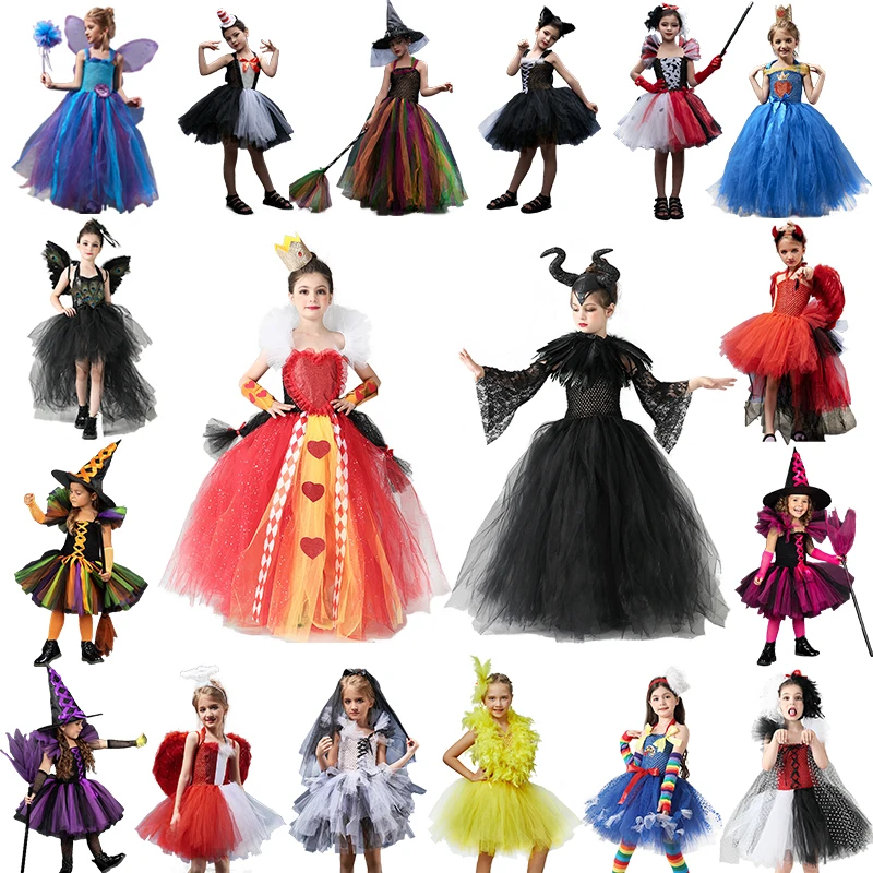 

Halloween Children Cosplay Girls Witch Maleficent Kuila Vampire Queen of Hearts Costume Fairy Child Tulle Birthday Party Dress