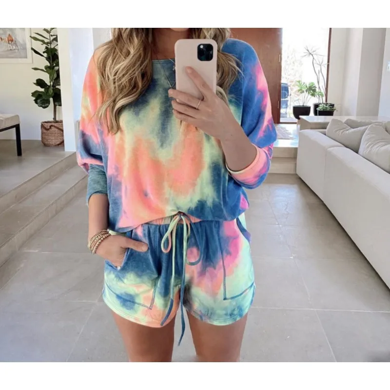 Casual Home Two Piece Set of Shorts for Women Female Clothing Summer Women\'s Fashion Tie Dye Printed Long Sleeved & Shorts Sets