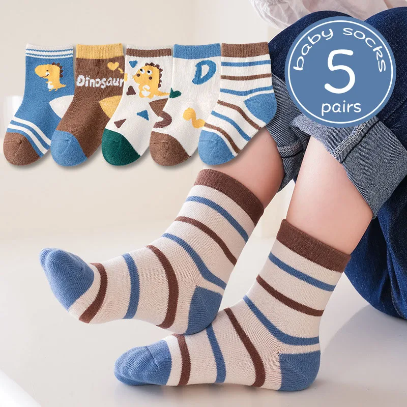 

5Pairs Cartoon Dinosaur Children Socks Autumn Winter Warm Middle Tube Sock 1-5Year Boy Girl Kids Footwear Soft Baby Cotton Sock