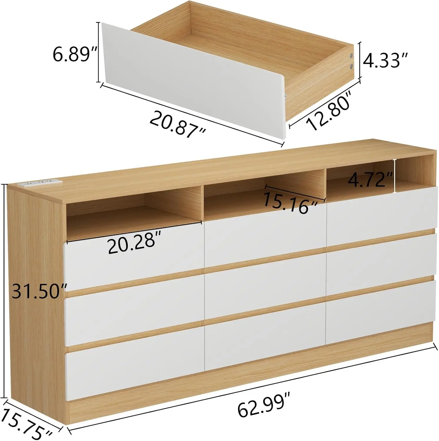 Cômoda com Power Outlet e Luz LED, Moderna cômoda de armazenamento para quarto e sala, 9 gavetas