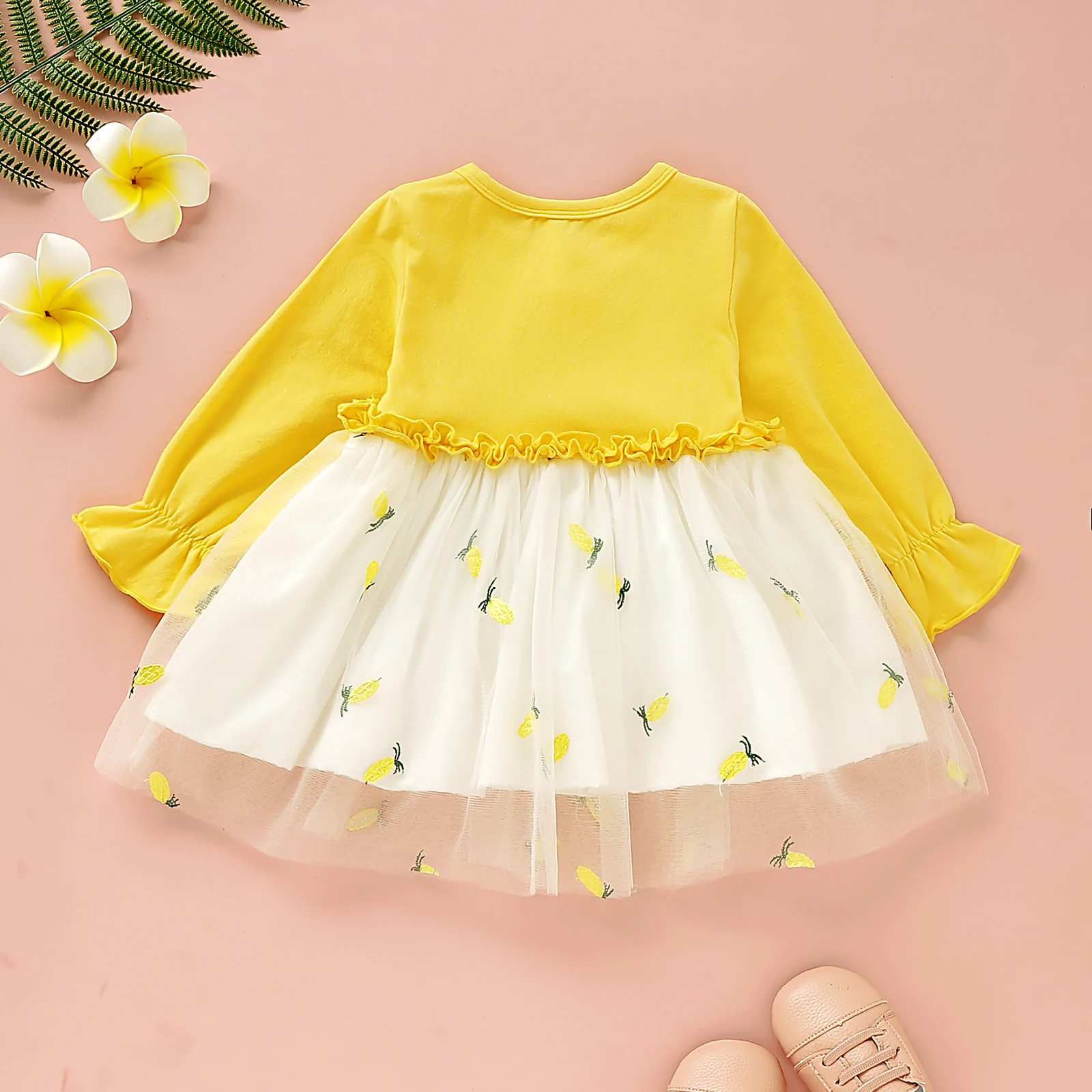 Spring Newborn Baby Girls Casual Dress Long Sleeve Button Ruffles Pineapple Pattern Patchwork Tulle Dresses
