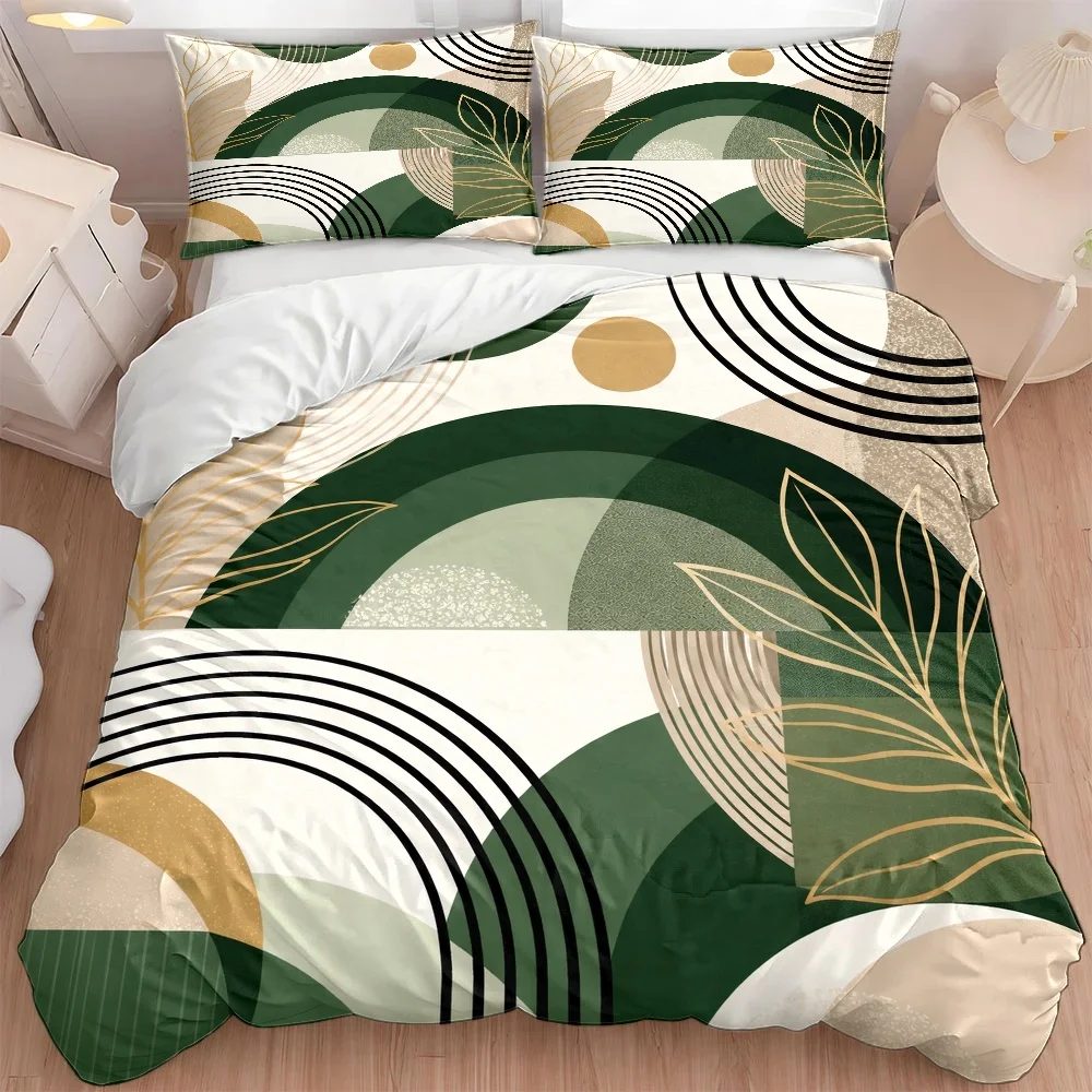 3Pc Abstract Geometric Green Plant Gold Foil Quilt Cover Set, Three-Piece Bedding Set (1*Quilt Cover + 2*Pillowcases), Suitable for All Seasons, Machine Washable, Invisible Zipper Double Bed Cover, Universal for Home, Dorm, Master Bedroom, Guest Room, Large Bedding Set, Modern Art Style Bed Cover Set, Light Luxury Bedroom Bedding, Easy-To-Clean Skin-Friendly Quilt Cover Three-Piece Set, Geometric Pattern Bedding Three-Piece Set 2D Flat Print