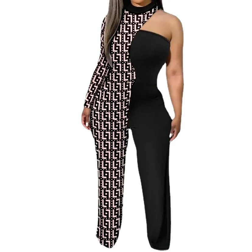 

New Fashion Women's Printed One Sleeve One Piece Women's Pants Back Textured Printed Irregular Crew Neck One Piece Pants