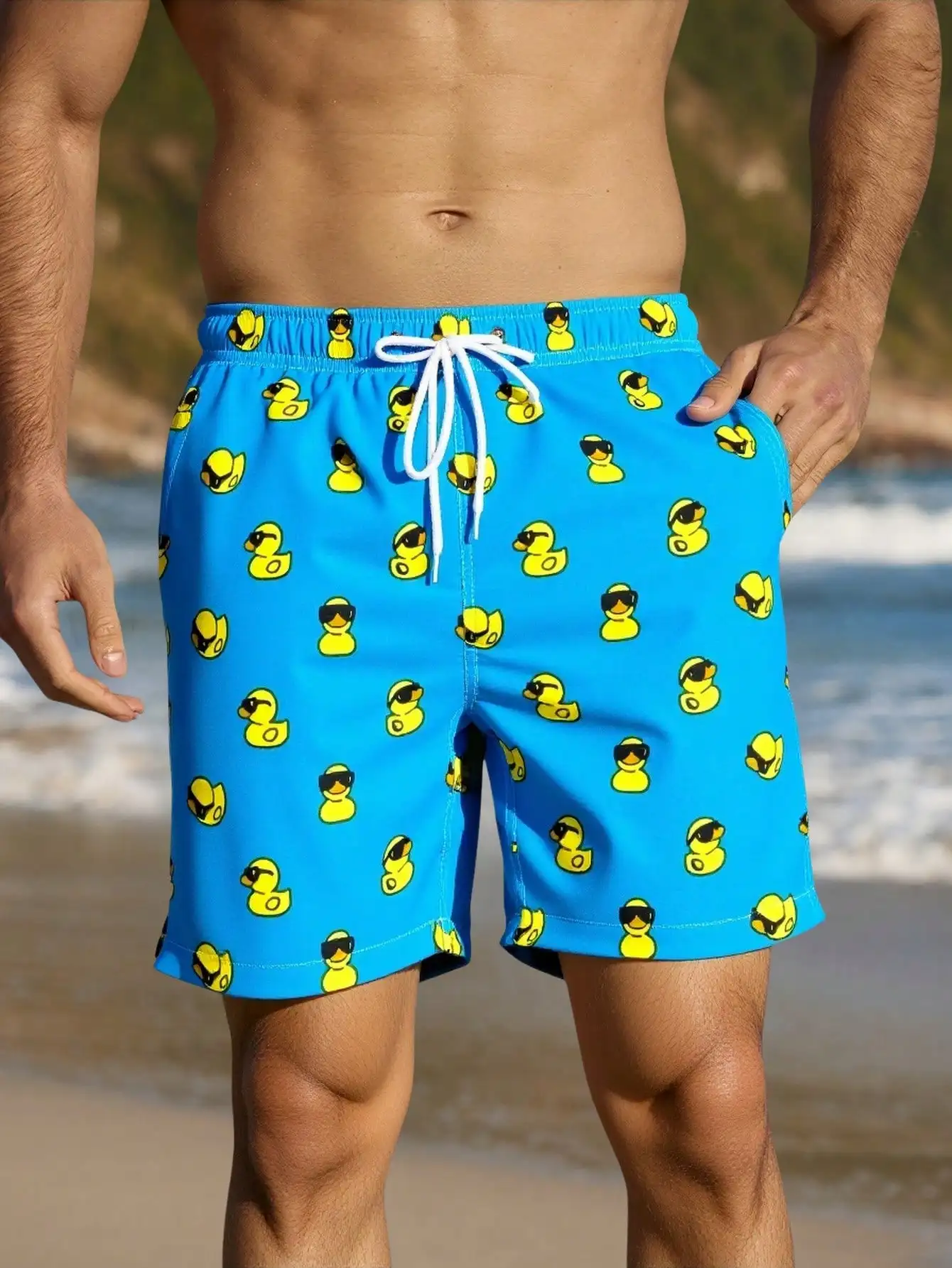

Mens Duck Print Swim Trunks Polyester Board Shorts With Drawstring