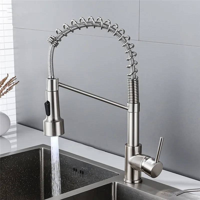 

Kitchen Faucets Nickel Brushed Gold Faucet for Sink Single Lever Pull Out Spring Spout Mixers Tap Hot Cold Water Crane