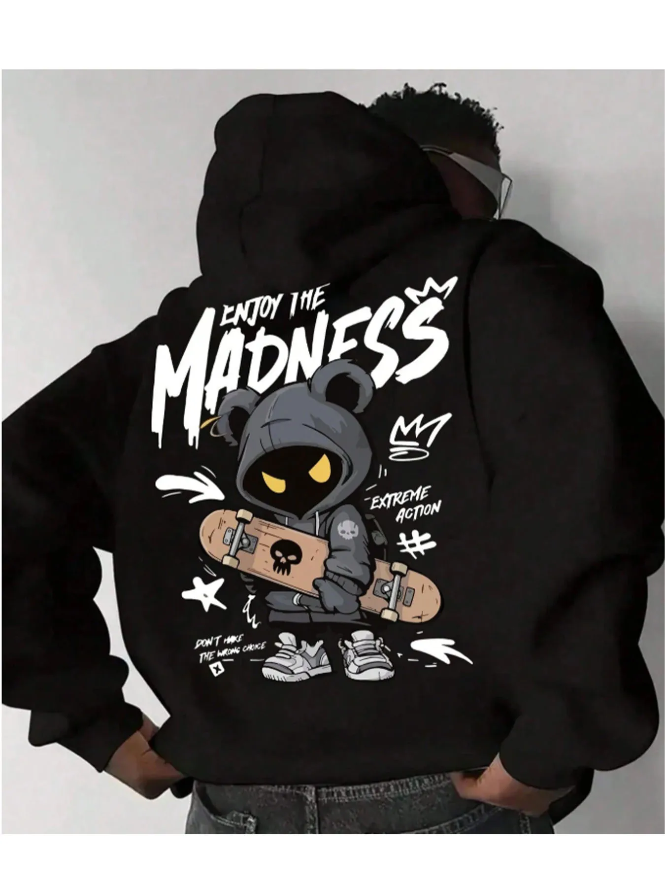 Men's Autumn/Winter Casual Fashion Streetwear Extreme Sports Cartoon Print Kangaroo Pocket Drawstring Loose Thermal Lined Hoodie