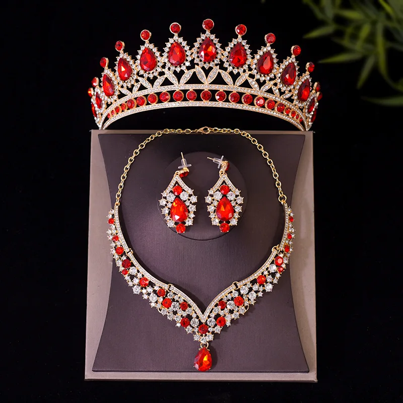 DIEZI 4 Style Elegant Bridal Crown Women Gilrs Wedding Princess Queen Korean Red Crystal Tiaras Necklace Earrings Jewelry Sets