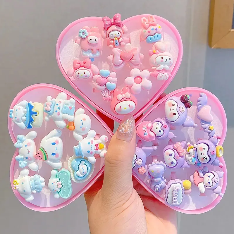 9Pcs Set Sanrio Hello Kitty Kid Ring Kids Adjustable Baby Rings Fashion Cartoon Children Girl Rings Heart Box Christmas Gifts