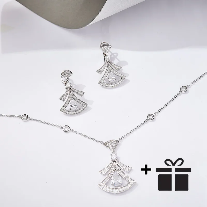 

High qualityDesigner Collection Sterling Silver Earrings Necklace Women Lady Inlay Czech Zircon Tassels Fanned Pendant Party Jew