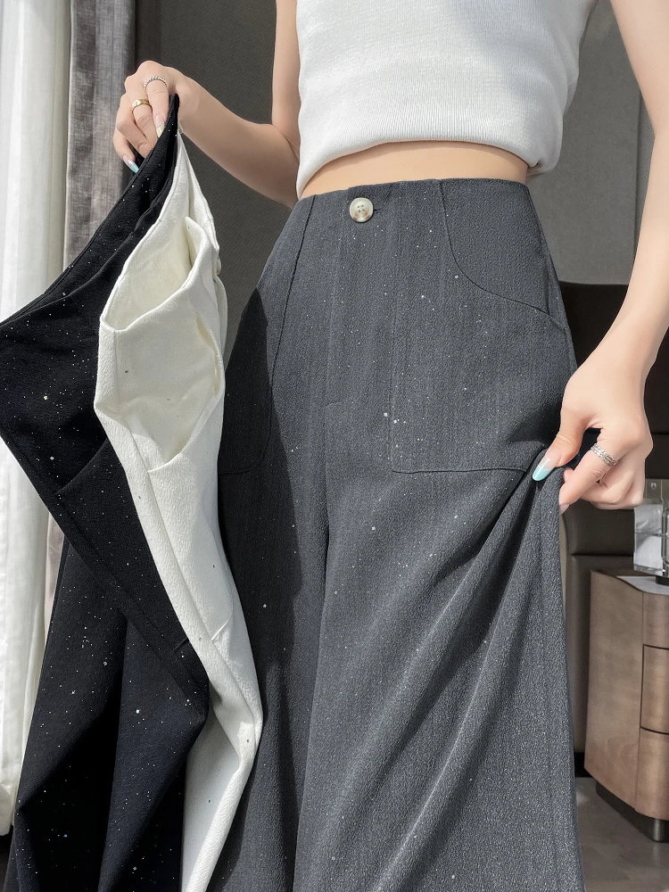 

Glitter Sequins Decor Wide Leg Pants For Women Summer Thin Grey Suit Pants Large Pocket Vertical Straight Loose Casual Pants
