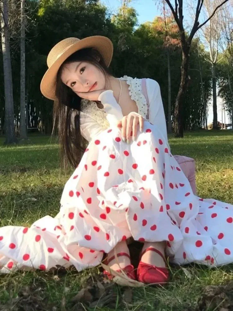 Skirts Women Sweet Polka Dot Loose High Waist Sweet Elegant Fashion Loose Long Skirt French Style Chic Ladies Casual