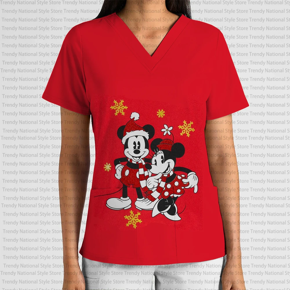 新しい夏の女性の医療通勤カジュアル T シャツ、クリスマス ディズニー ミッキーマウス プリント V ネック ポケット フロスト T シャツ
