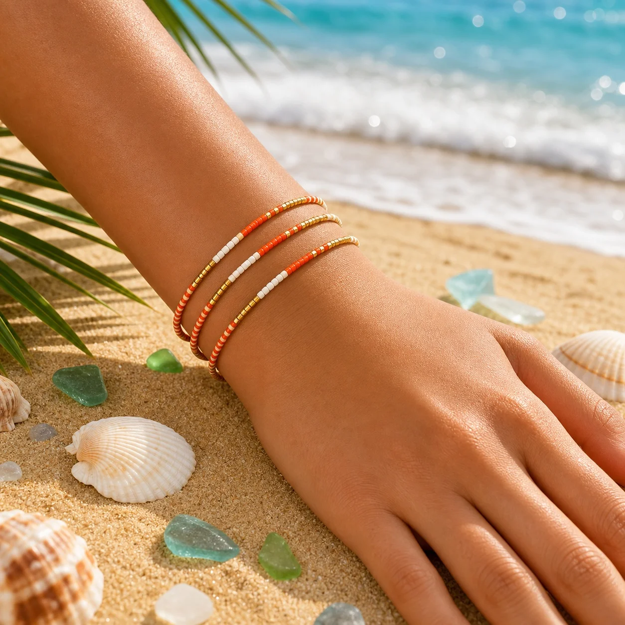 3pcs Adjustable Red White Glass Beaded String Bracelet with Tie Closure Boho Round Bead Beach Style for Women and Men
