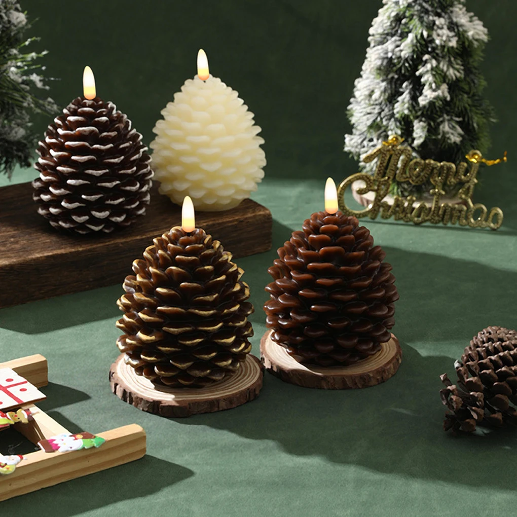 2piece Christmas Painted Pine Cone Shaped LED Candle Light Electronic Flameless Pinecone Candle Set For Festive Home Atmosphere