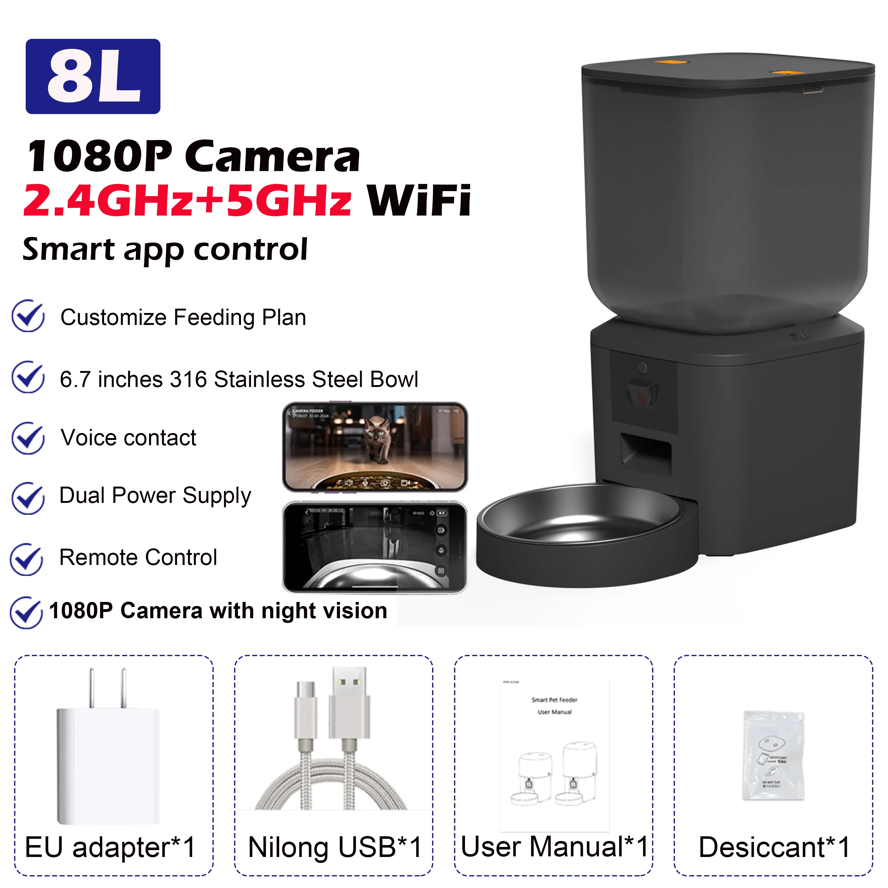8L Automatische Kat Feeder Met 1080p Camera Video 5G WiFi Kattenvoer Dispenser Huisdier Smart Voice recorder Tuya APP Huisdier Auto Feeder