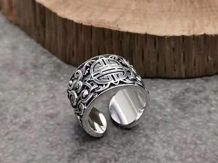 Ethnic style pure silver Mongolian patterned ring for men with domineering opening and wide face wrench, index finger trendy pun