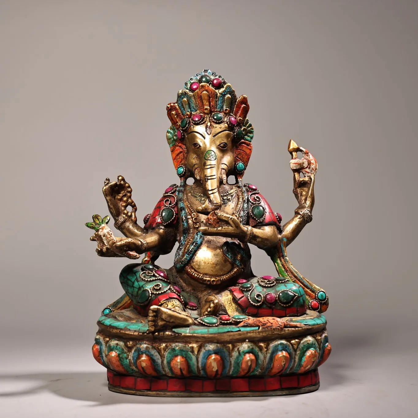 

9"Tibetan Temple Collection Old Bronze Painted Outline in gold Mosaic Gem Turquoise Four arms Ganesh Sitting Buddha Worship Hall