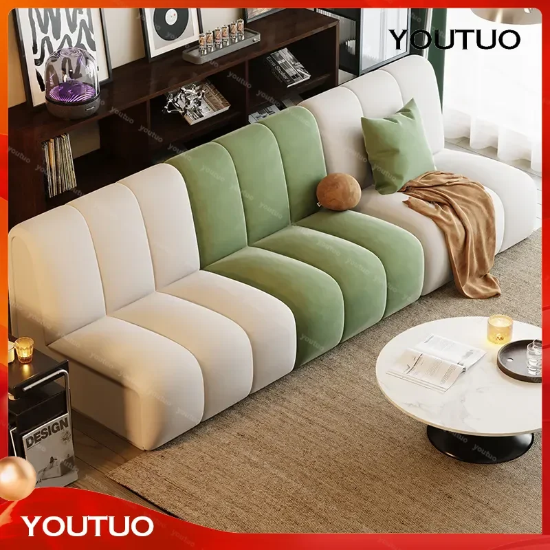  Cream Wind Green and White Flannel Straight Row Sofa  Living Room Home Light Luxury Internet Celebrity Small Apartment