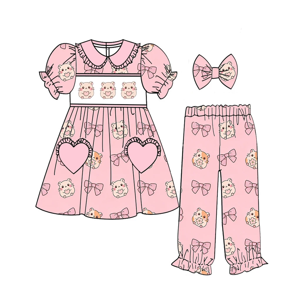 Pajama set boys and girls featuring short-sleeved top and trousers printed Bows and cartoons patterns matching kids robes