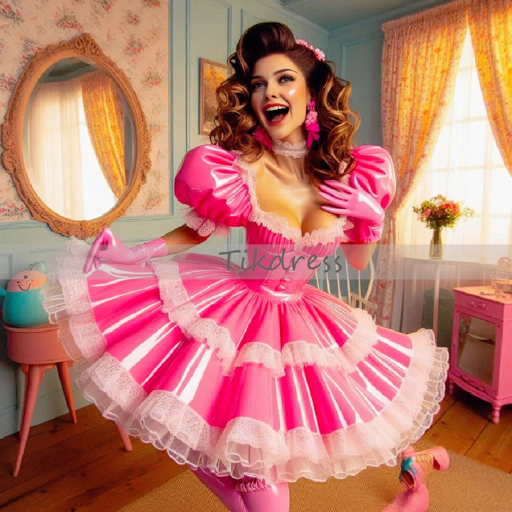 

Классическое ярко-розовое платье горничной, блестящее мини-короткое платье для выпускного вечера с кружевом из искусственной кожи, вечернее платье для косплея, элегантное вечернее платье по индивидуальному заказу