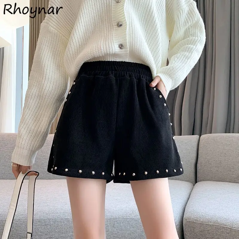 

Corduroy Wide Leg Shorts Women Autumn Winter Soft Loose Rivet Chic Design Korean Stylish Ladies Leisure All-match High Waist Ins