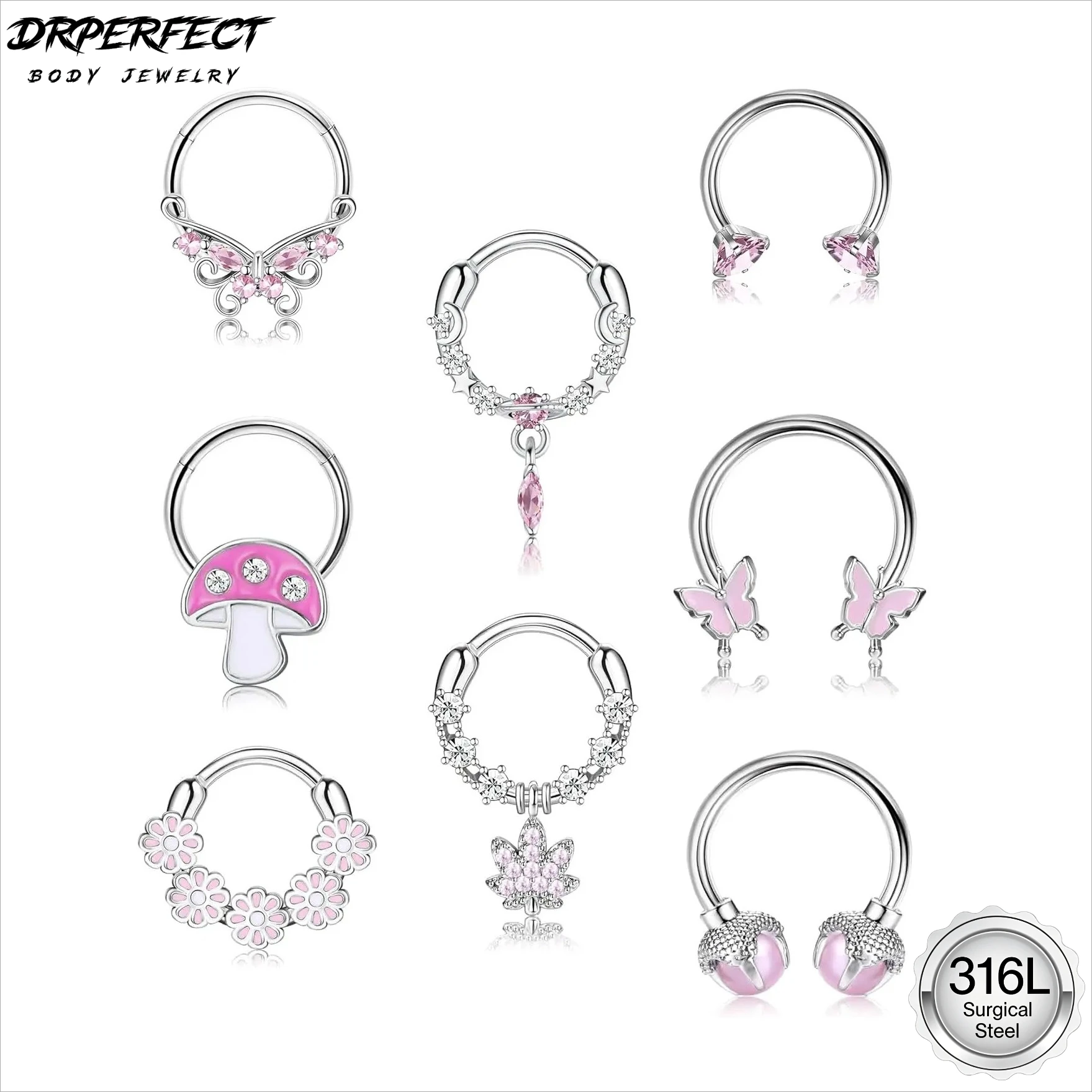 Drperfect 8Pcs Septum Rings 16G Surgical Stainless Steel Septum Nose Rings for Women Pink Septum Piercing Clicker Nose Piercing