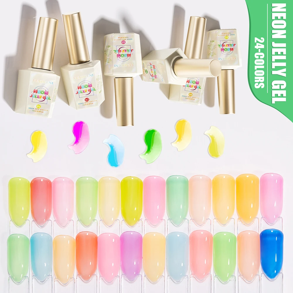 

Vendeeni 24 Colors/set Transparent Fluorescence Gel Nail Polish UV LED Neon Crystal Gel Varnish With Color Card TPO/HEMA FREE